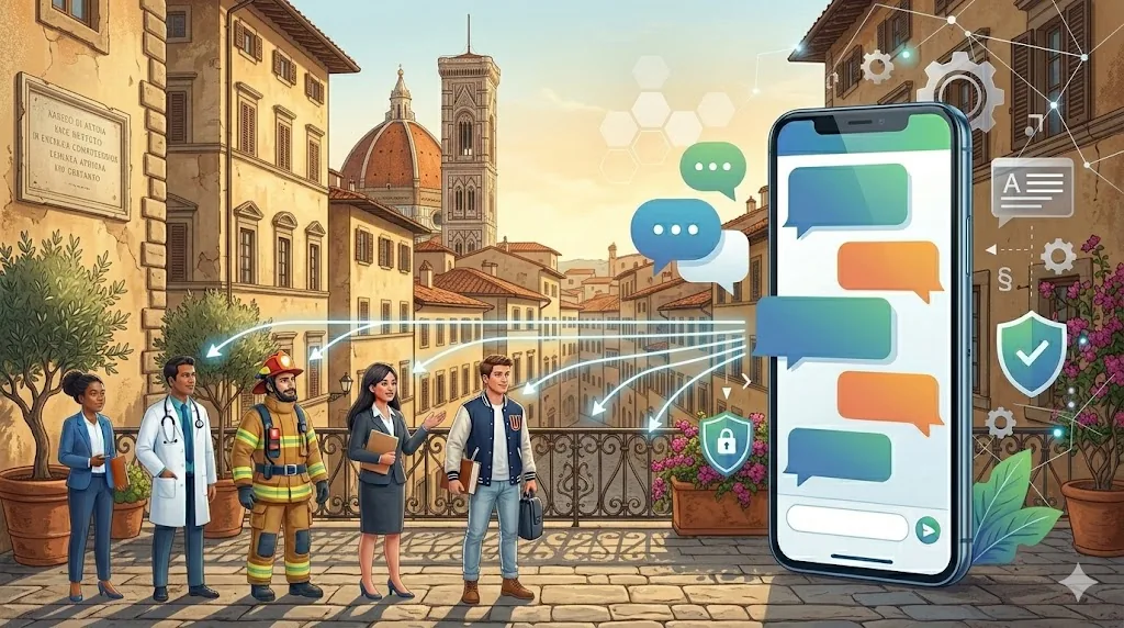 Smartphone con messaggi in una piazza cittadina