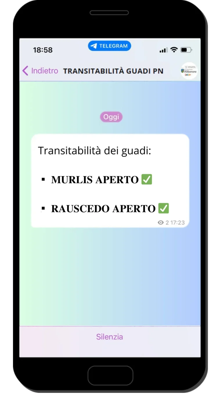Messaggio Telegram di apertura dei guadi di Murlis e Rauscedo