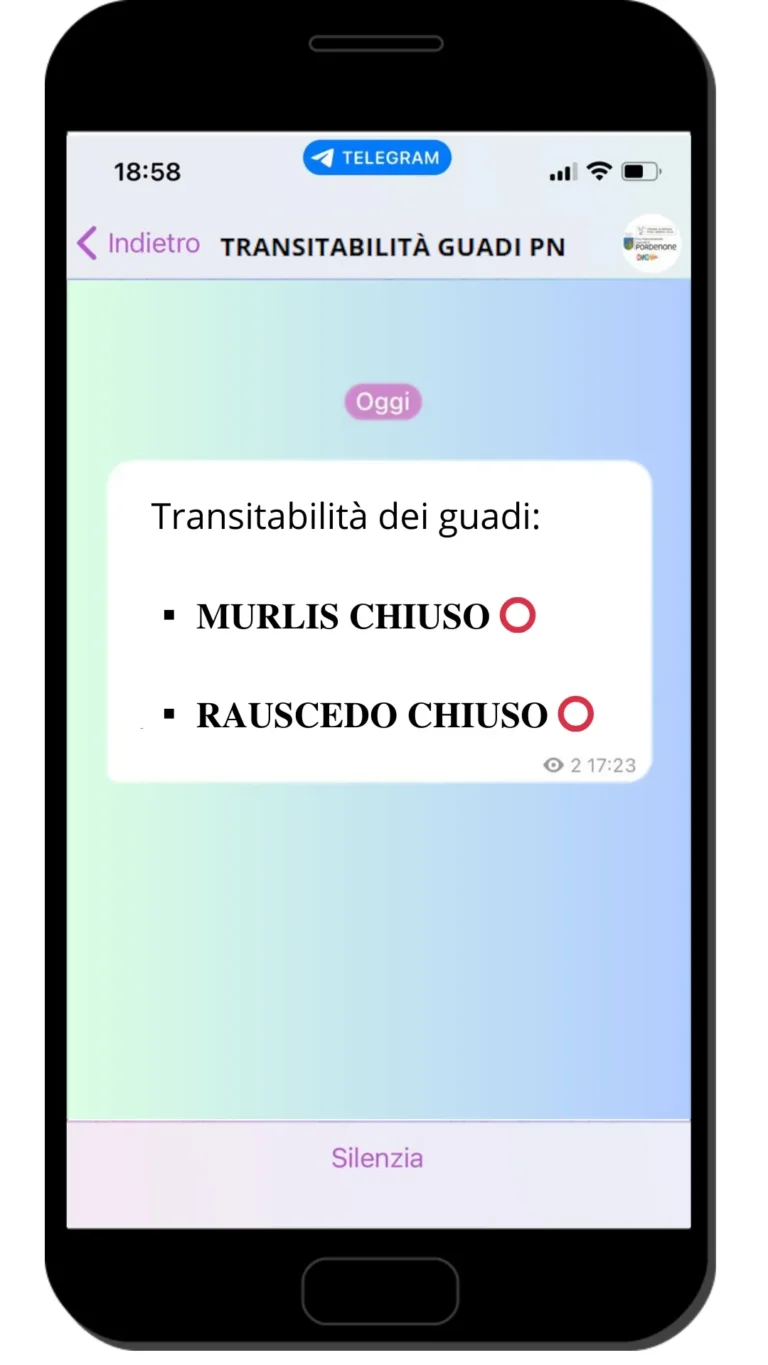 Messaggio Telegram di chiusura dei guadi di Murlis e Rauscedo