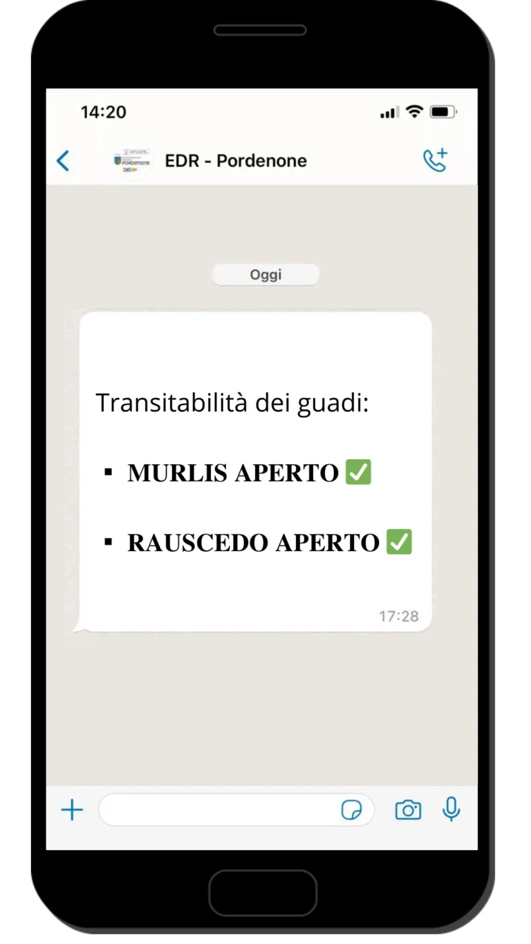 Messaggio WhatsApp di apertura dei guadi di Murlis e Rauscedo