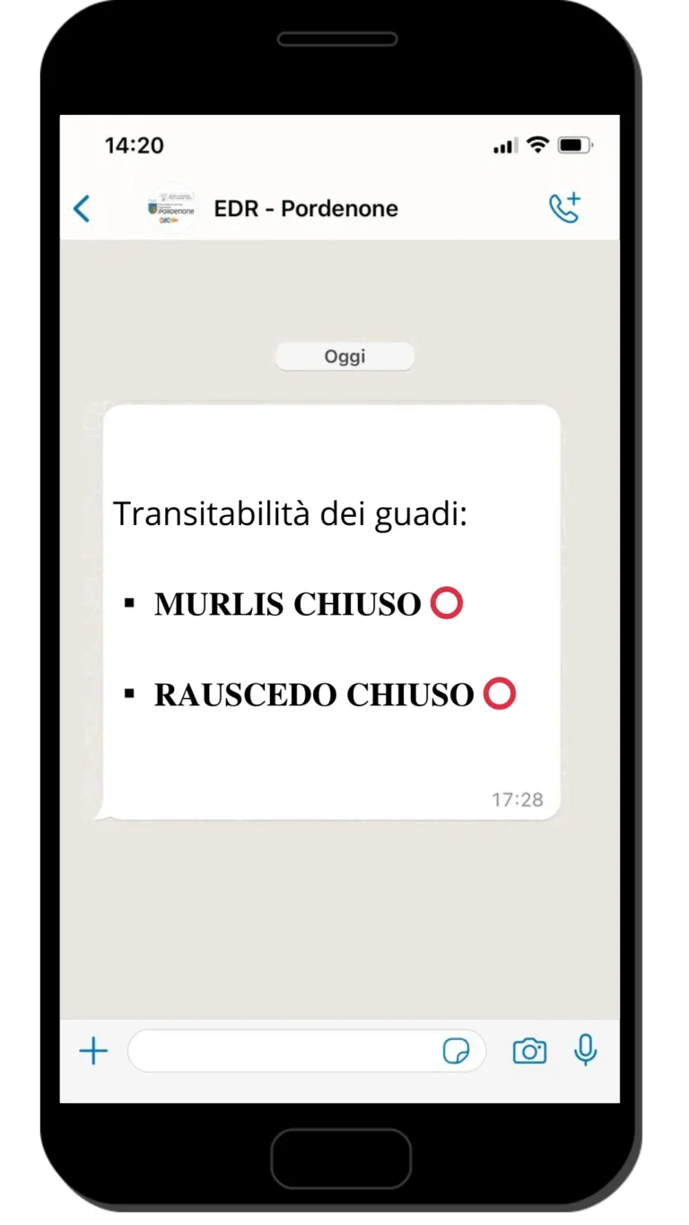 Messaggio WhatsApp di chiusura dei guadi di Murlis e Rauscedo