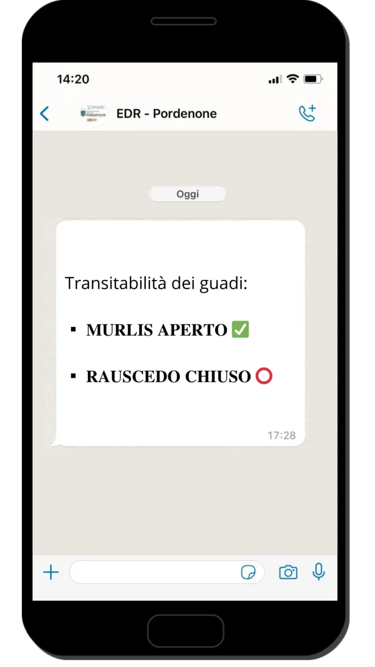Messaggio WhatsApp con il guado di Murlis aperto e quello di Rauscedo chiuso