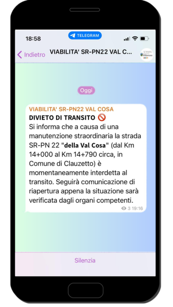 Messaggio Telegram di divieto di transito sulla SR-PN22