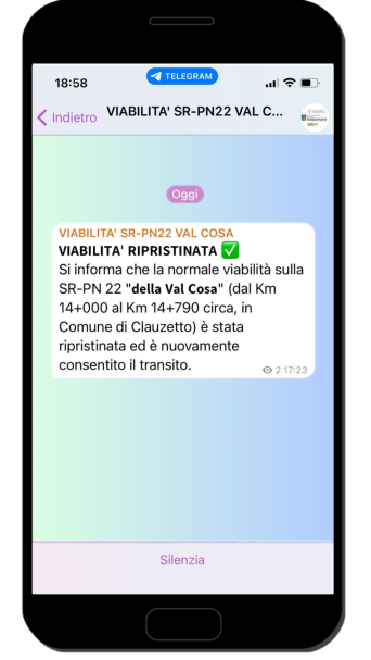 Messaggio Telegram di viabilità ripristinata sulla SR-PN22
