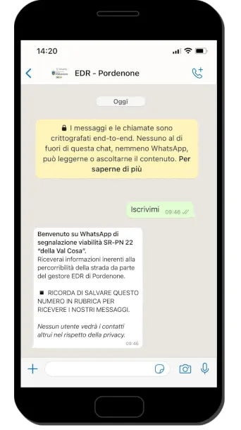 Messaggio WhatsApp di benvenuto al servizio SR-PN22