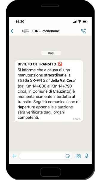 Messaggio WhatsApp di divieto di transito sulla SR-PN22