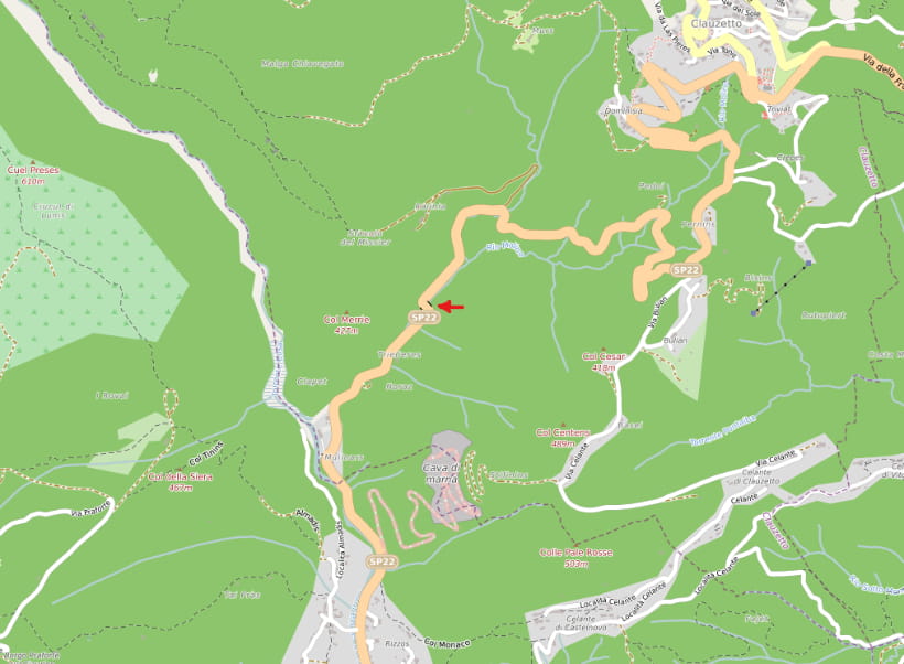 Mappa del tratto della SR-PN22 sottostante la frana di Clauzetto
